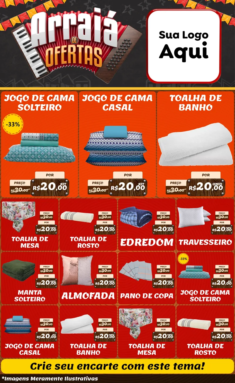 Modelo de Encarte para Encarte Grande com o tema Arraiá de Ofertas - Junina para Cama, Mesa e Banho