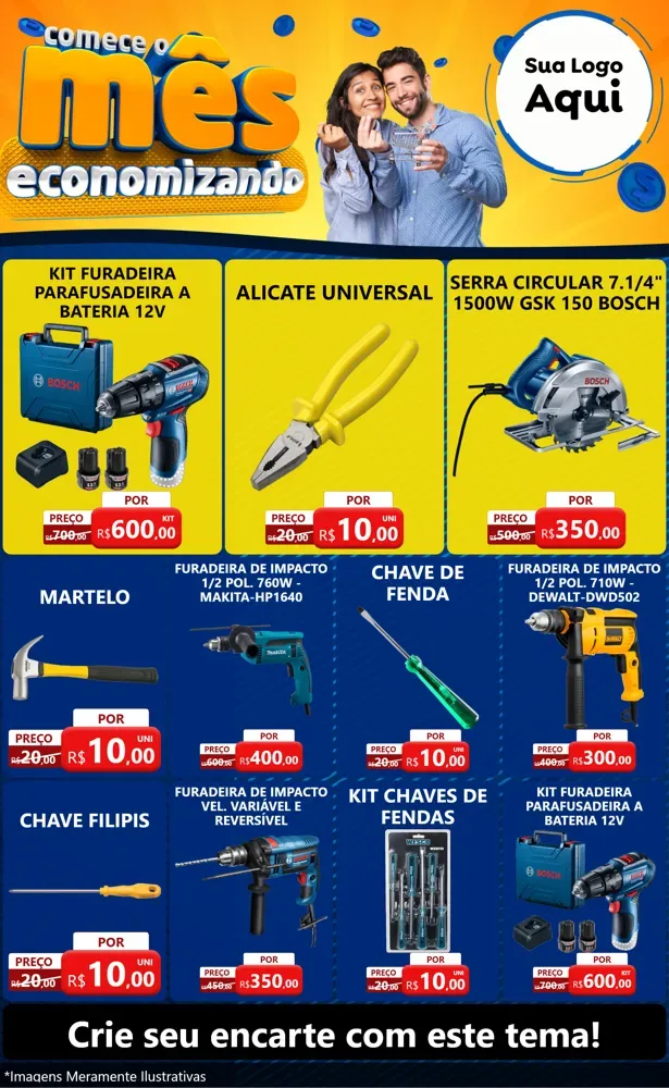 Modelo de Encarte para Encarte Grande com o tema Comece O Mês Economizando para Maquinas e Ferramentas