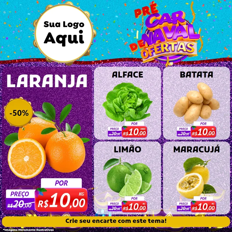 Modelo de Rede Social para Feed Facebook com o tema Pré Carnaval de Ofertas para Hortifrúti