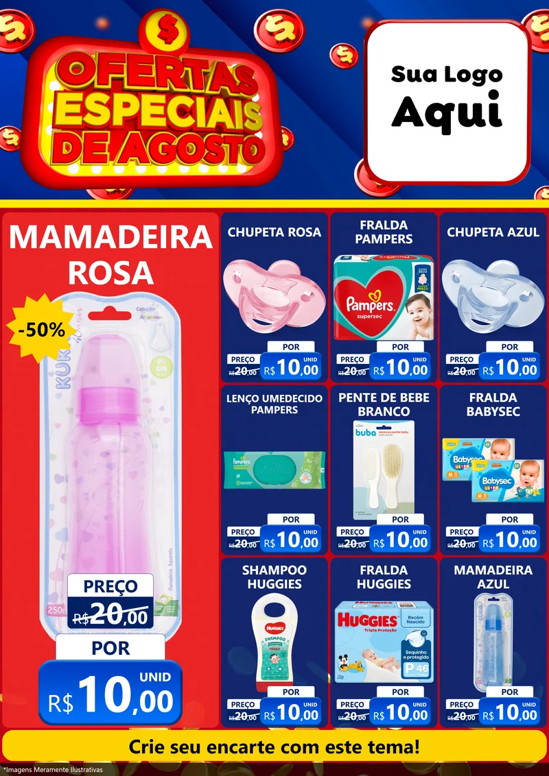 Modelo de Encarte para Encarte A4 Vertical com o tema Ofertas Especiais de Agosto para Bebês