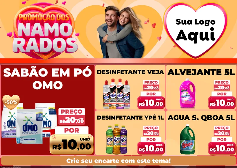 Modelo de Encarte para Encarte A4 Horizontal com o tema Promoção dos Namorados para Produtos de Limpeza