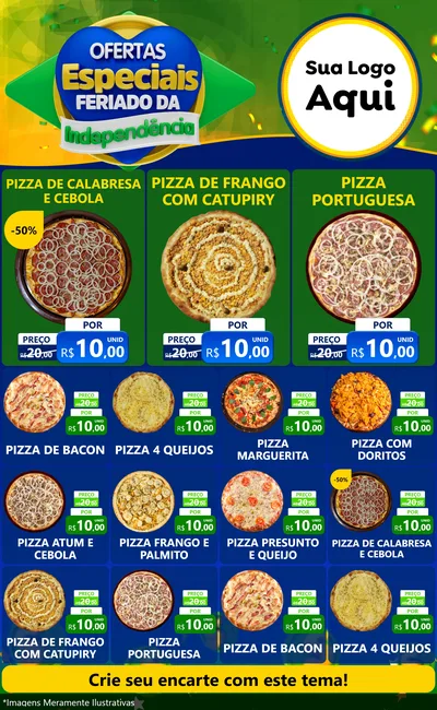 Modelo de Encarte para Encarte Grande com o tema Ofertas Especiais Feriado da Independência para Pizzaria
