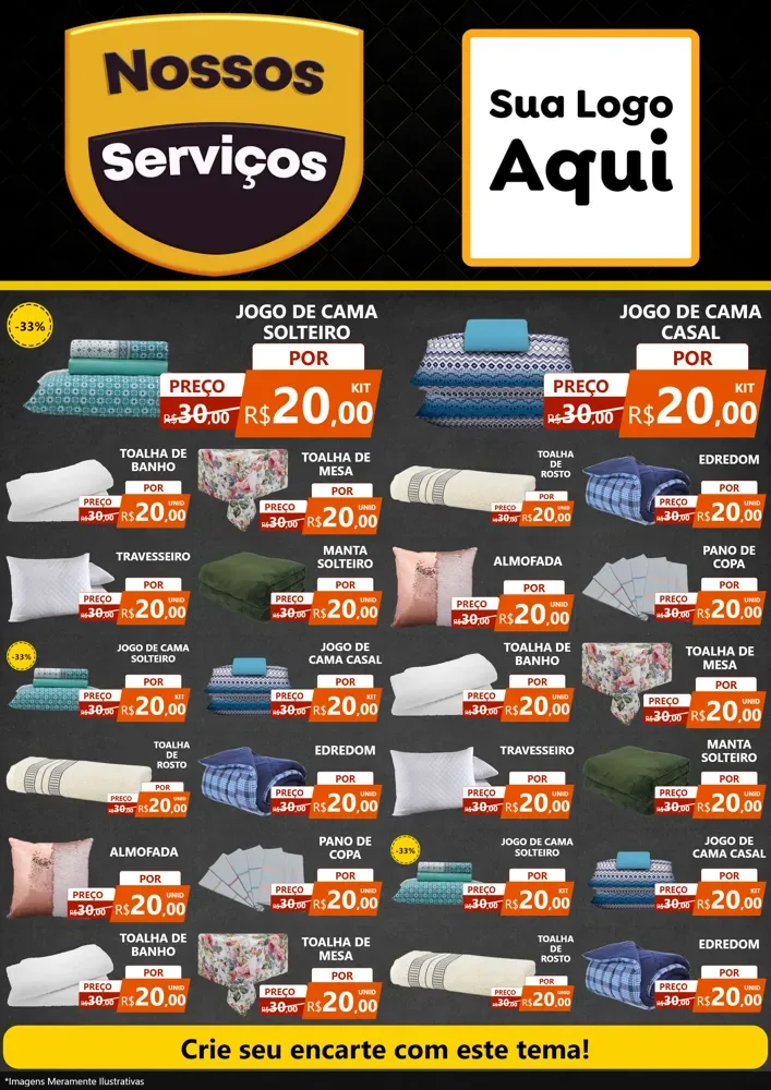 Modelo de Encarte para Encarte A4 Vertical com o tema Nossos Serviços para Cama, Mesa e Banho