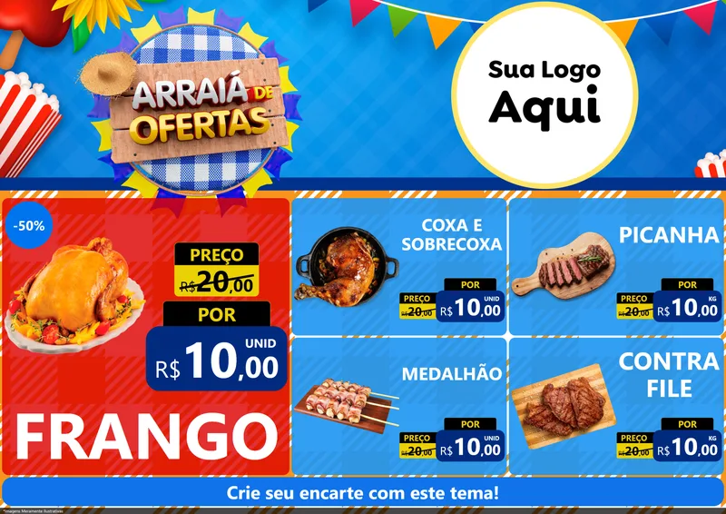 Modelo de Encarte para Encarte A4 Horizontal com o tema Arraiá de Ofertas para Assados