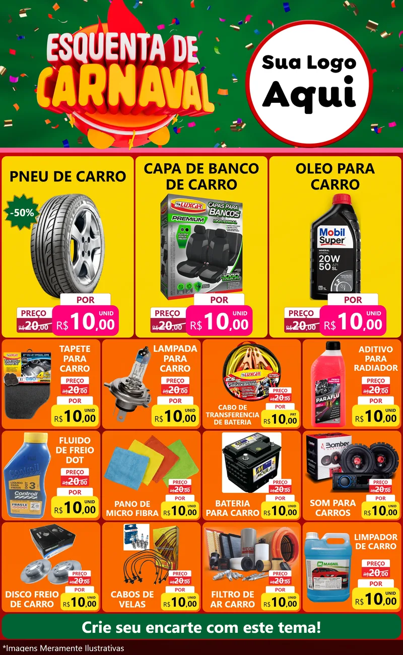 Modelo de Encarte para Encarte Grande com o tema Esquenta de Carnaval para Auto peças