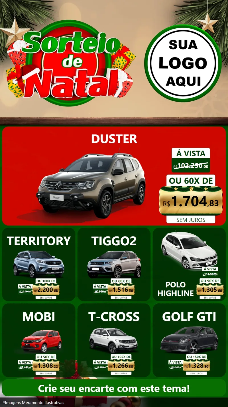 Modelo de Rede Social para Stories com o tema Sorteio de Natal para Concessionaria de Carros