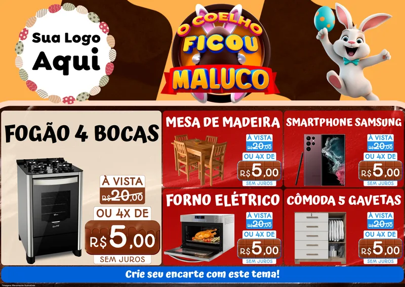 Modelo de Encarte para Encarte A4 Horizontal com o tema O Coelho Ficou Maluco - Páscoa para Móveis e Eletro