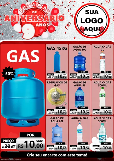 Modelo de Encarte para Encarte A4 Vertical com o tema Promoção de Aniversário - 9 Anos para Água e gás