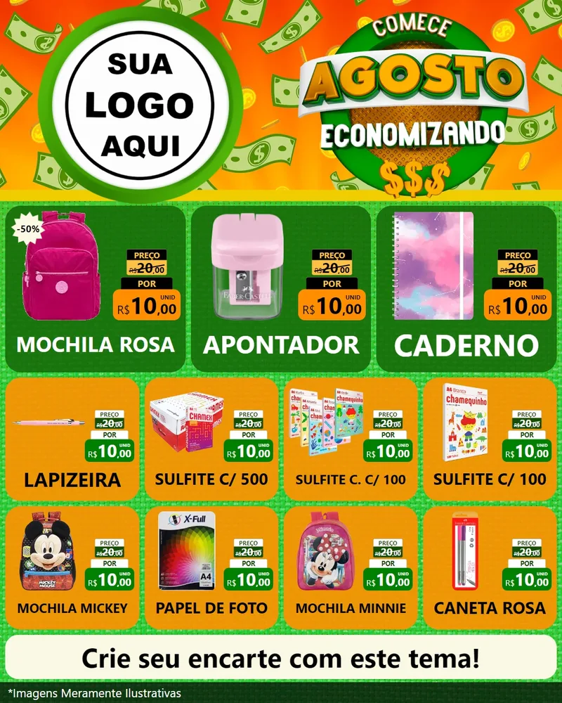 Modelo de Rede Social para Feed Instagram com o tema Comece Agosto Economizando para Papelaria