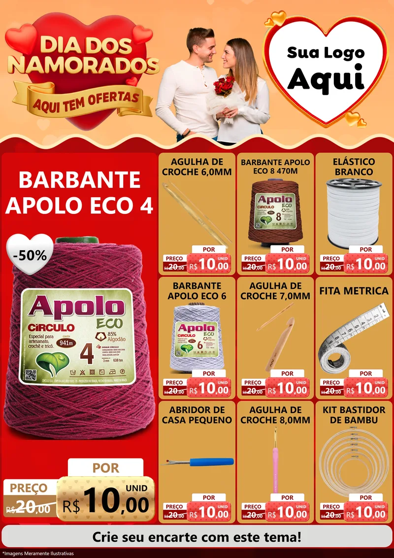 Modelo de Encarte para Encarte A4 Vertical com o tema Dia dos Namorados - Aqui Tem Ofertas para Armarinho e Aviamentos
