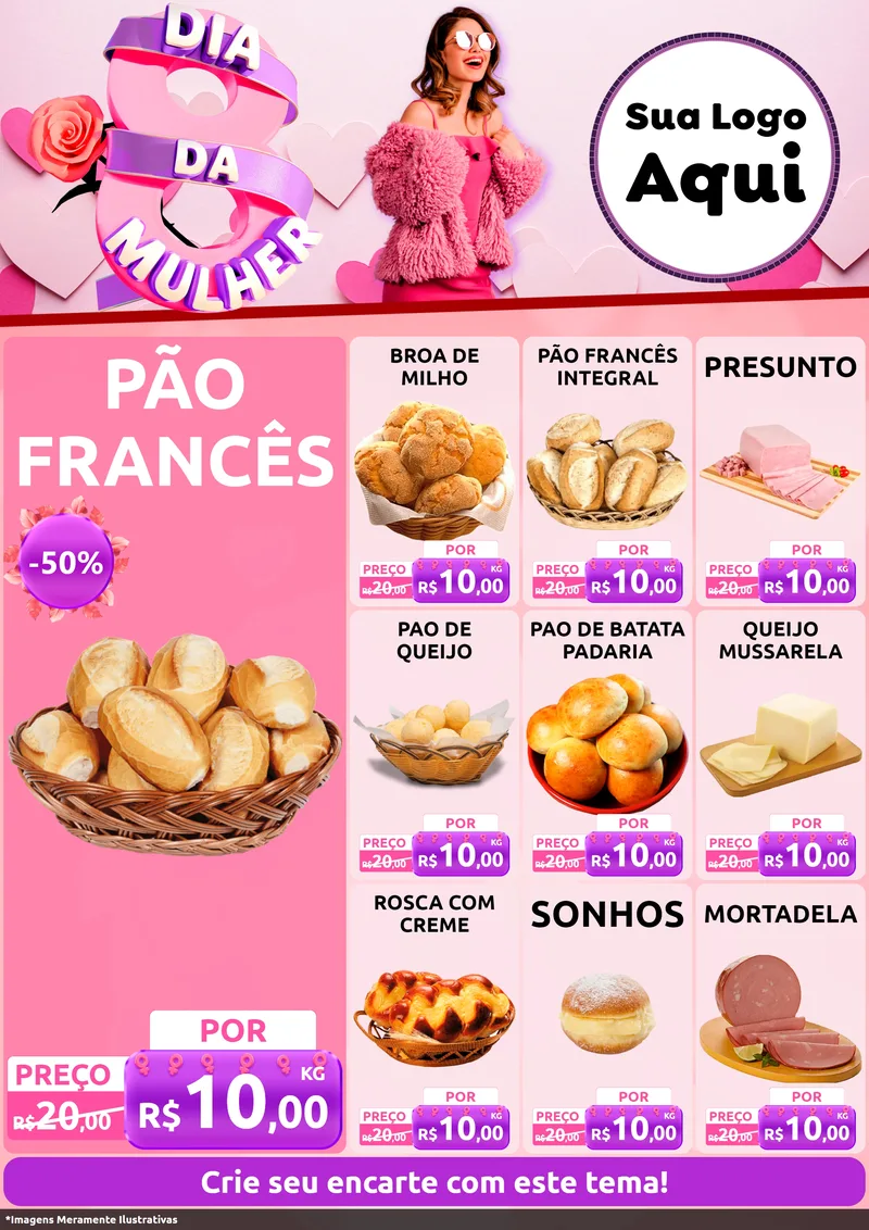 Modelo de Encarte para Encarte A4 Vertical com o tema Dia da Mulher para Padaria