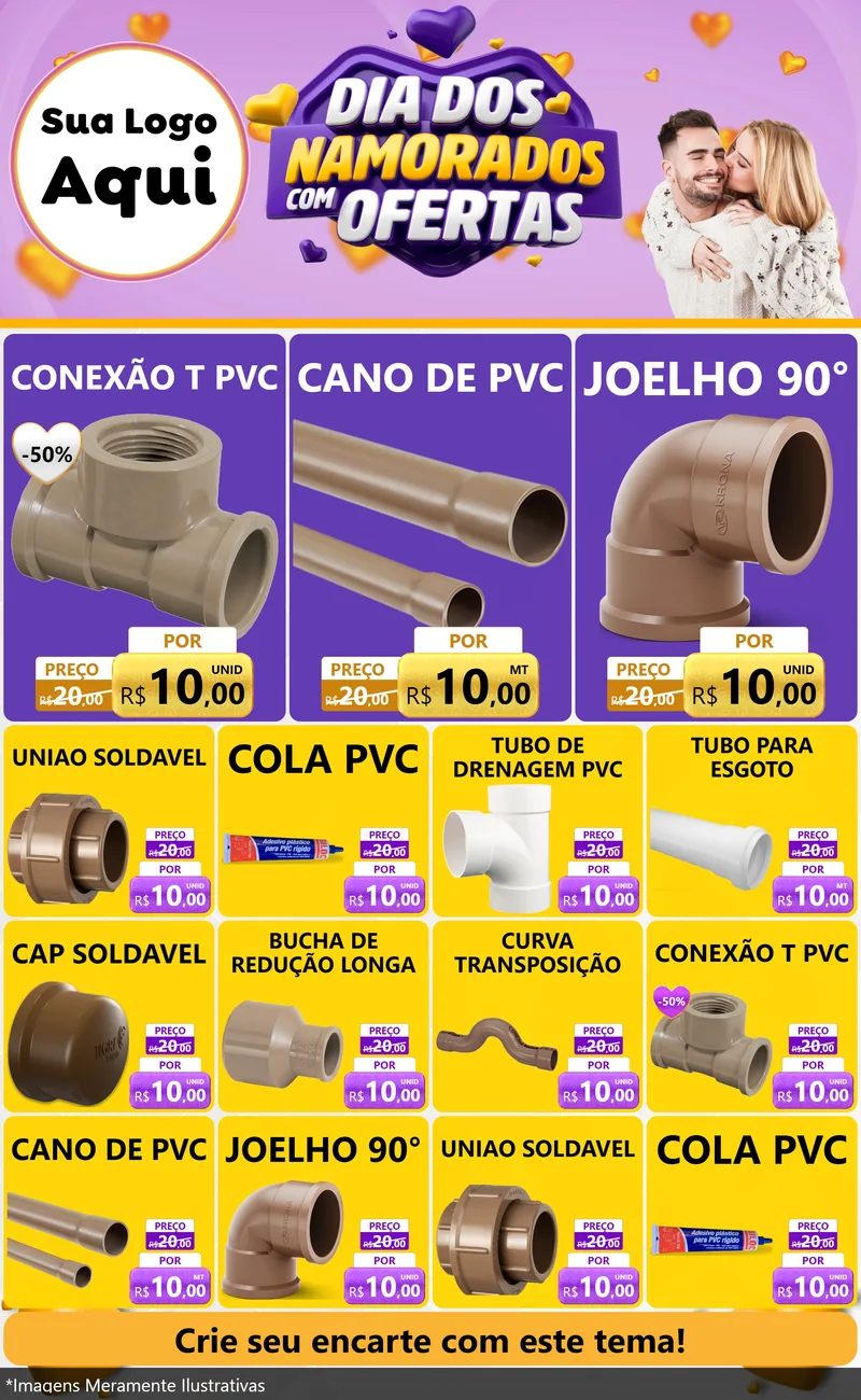 Modelo de Encarte para Encarte Grande com o tema Dia Dos Namorados Com Ofertas para Tubos e conexões
