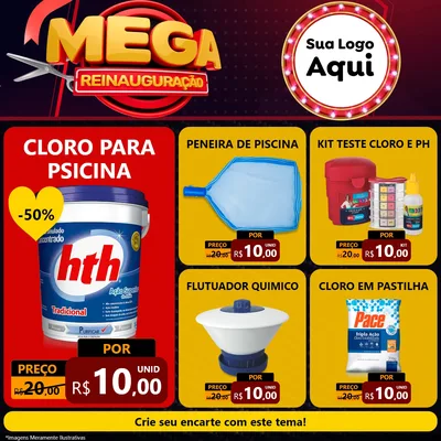 Modelo de Rede Social para Feed Facebook com o tema Mega Reinauguração para Produtos para Piscina