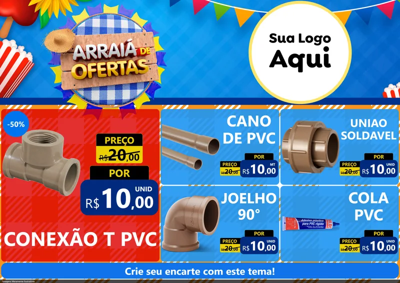 Modelo de Encarte para Encarte A4 Horizontal com o tema Arraiá de Ofertas para Tubos e conexões