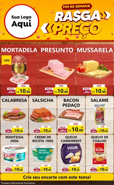 Modelo de Encarte para Encarte Grande com o tema Fim de Semana Rasga Preços para Frios e Laticínios