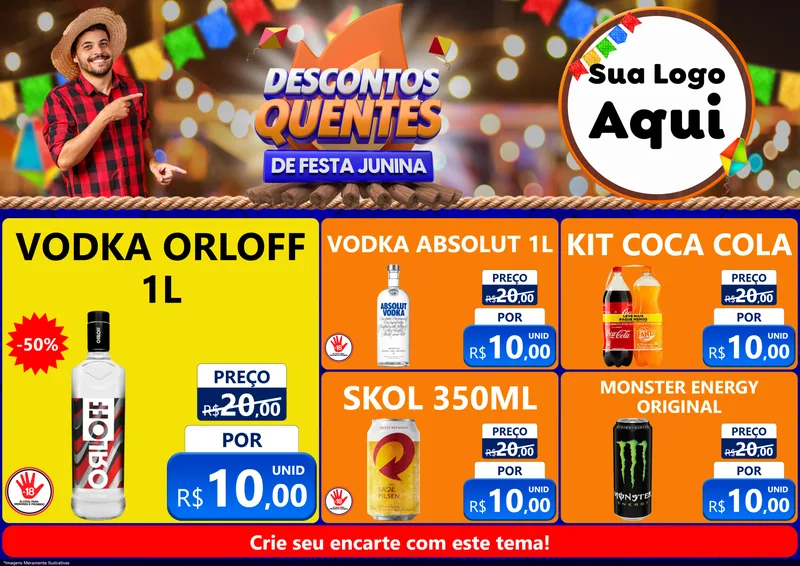 Modelo de Encarte para Encarte A4 Horizontal com o tema Descontos Quentes de Festa Junina para Distribuidora de bebidas