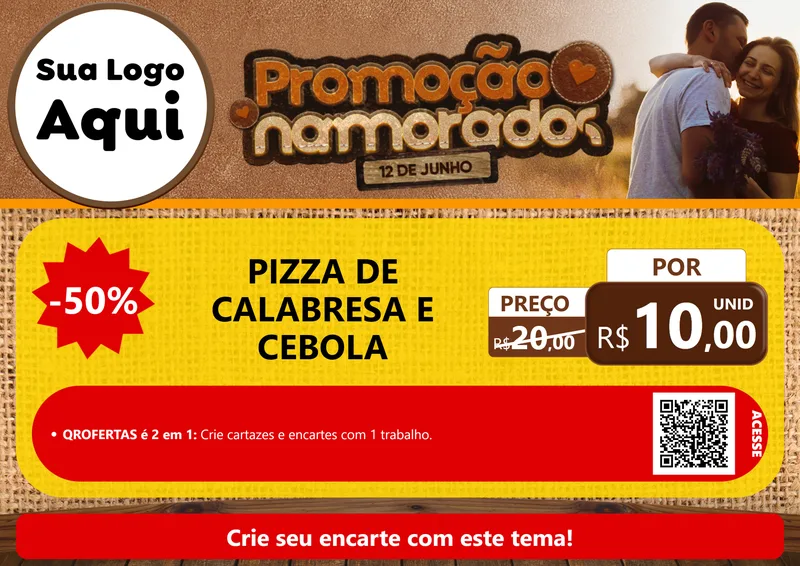 Modelo de Cartaz para Cartaz A4 Horizontal com o tema Promoção Namorados para Pizzaria