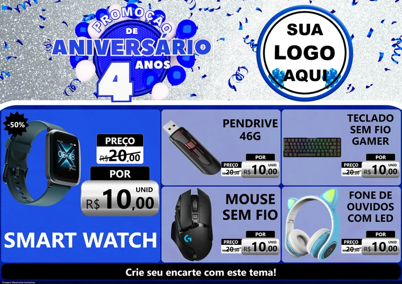 Modelo de Encarte para Encarte A4 Horizontal com o tema Promoção de Aniversário - 4 Anos para Informática