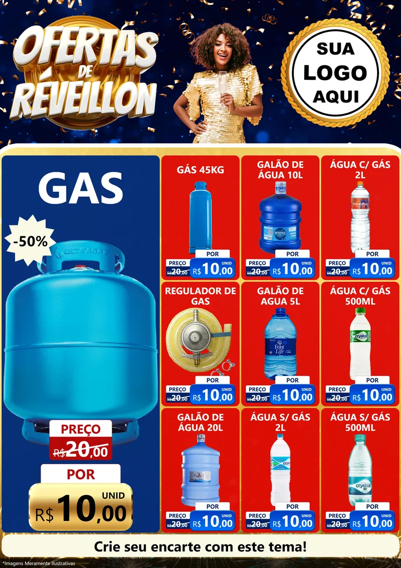 Modelo de Encarte para Encarte A4 Vertical com o tema Ofertas de Réveillon para Água e gás
