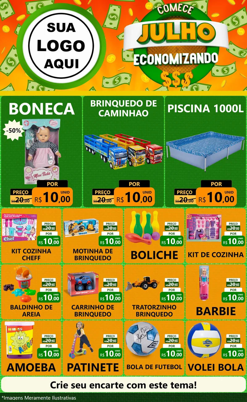 Modelo de Encarte para Encarte Grande com o tema Comece Julho Economizando para Brinquedos