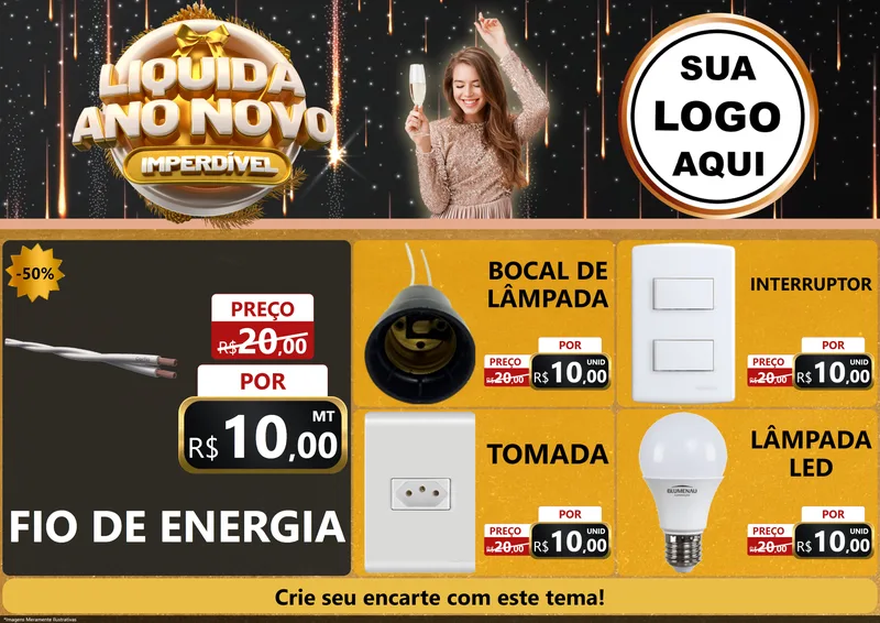 Modelo de Encarte para Encarte A4 Horizontal com o tema Liquida Ano Novo Imperdível para Materiais Elétricos