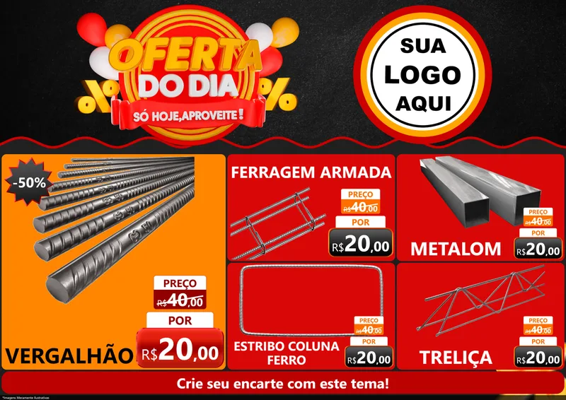 Modelo de Encarte para Encarte A4 Horizontal com o tema Oferta do Dia - Só hoje, Aproveite! para Ferragens