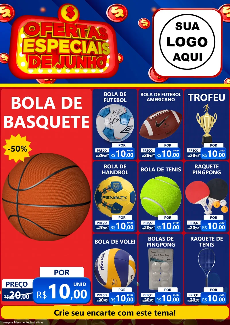 Modelo de Encarte para Encarte A4 Vertical com o tema Ofertas Especiais de Junho para Artigos Esportivos