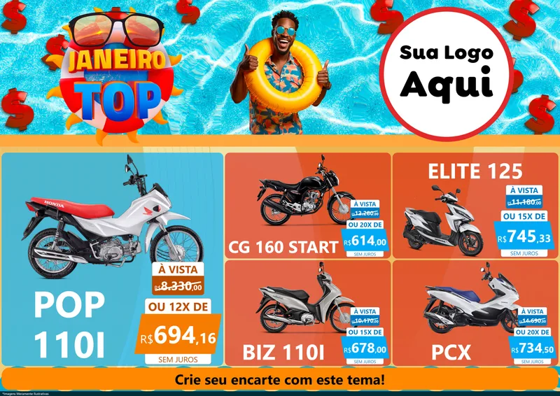 Modelo de Encarte para Encarte A4 Horizontal com o tema Janeiro Top para Concessionaria de Motos