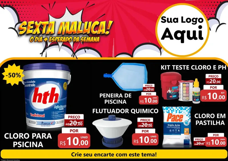 Modelo de Encarte para Encarte A4 Horizontal com o tema Sexta Maluca! para Produtos para Piscina