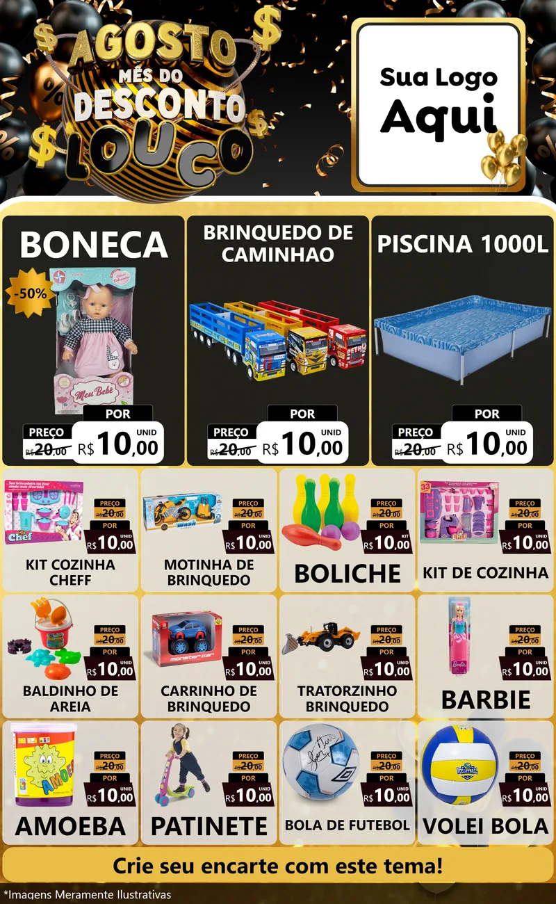 Modelo de Encarte para Encarte Grande com o tema Agosto Mês do Desconto Louco para Brinquedos