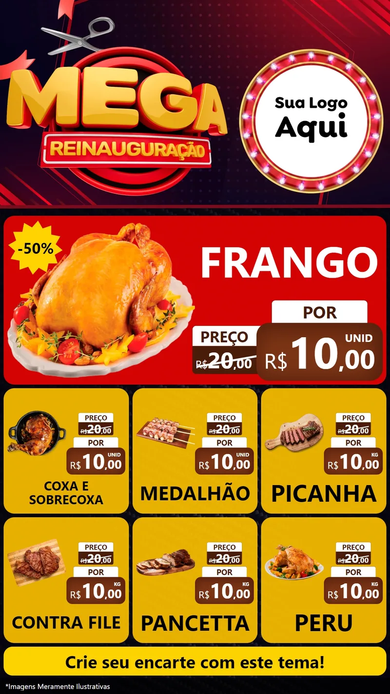 Modelo de Rede Social para Stories com o tema Mega Reinauguração para Assados