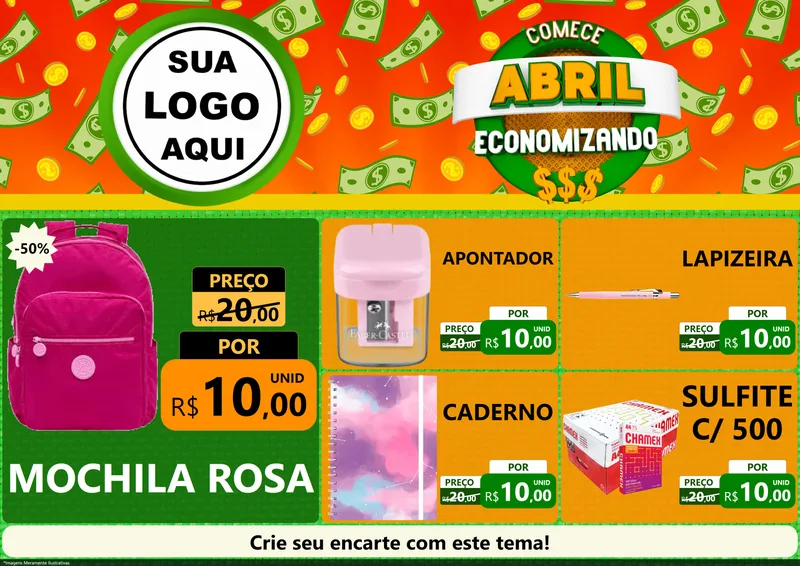 Modelo de Encarte para Encarte A4 Horizontal com o tema Comece Abril Economizando para Papelaria