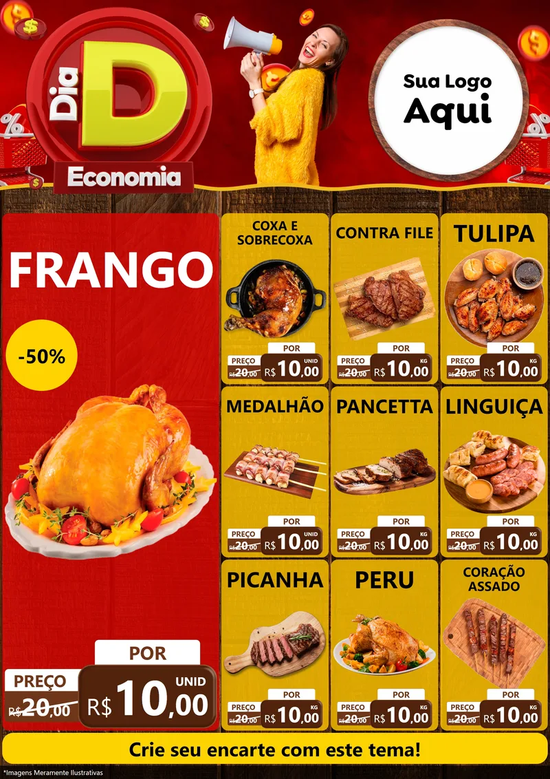 Modelo de Encarte para Encarte A4 Vertical com o tema Dia D Economia para Assados