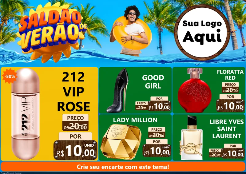Modelo de Encarte para Encarte A4 Horizontal com o tema Saldão de Verão para Perfumes