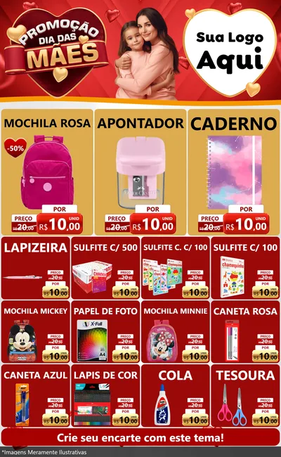 Modelo de Encarte para Encarte Grande com o tema Promoção Dia das Mães para Papelaria