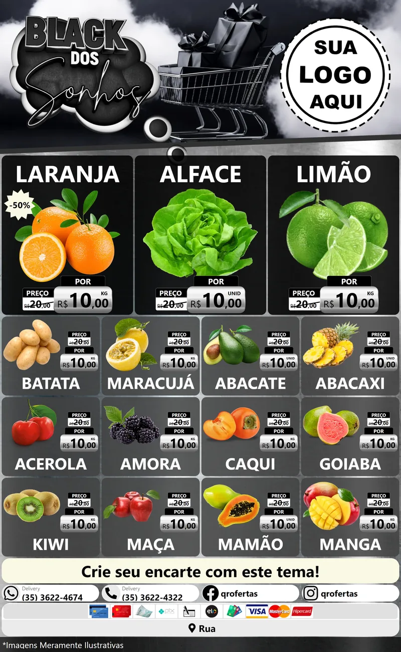 Modelo de Encarte para Encarte Grande com o tema Black dos Sonhos para Hortifrúti