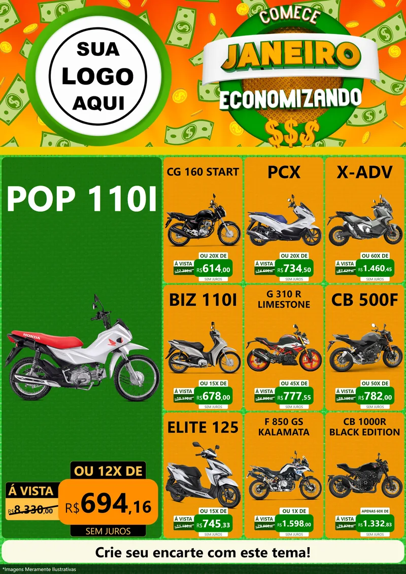 Modelo de Encarte para Encarte A4 Vertical com o tema Comece Janeiro Economizando para Concessionaria de Motos