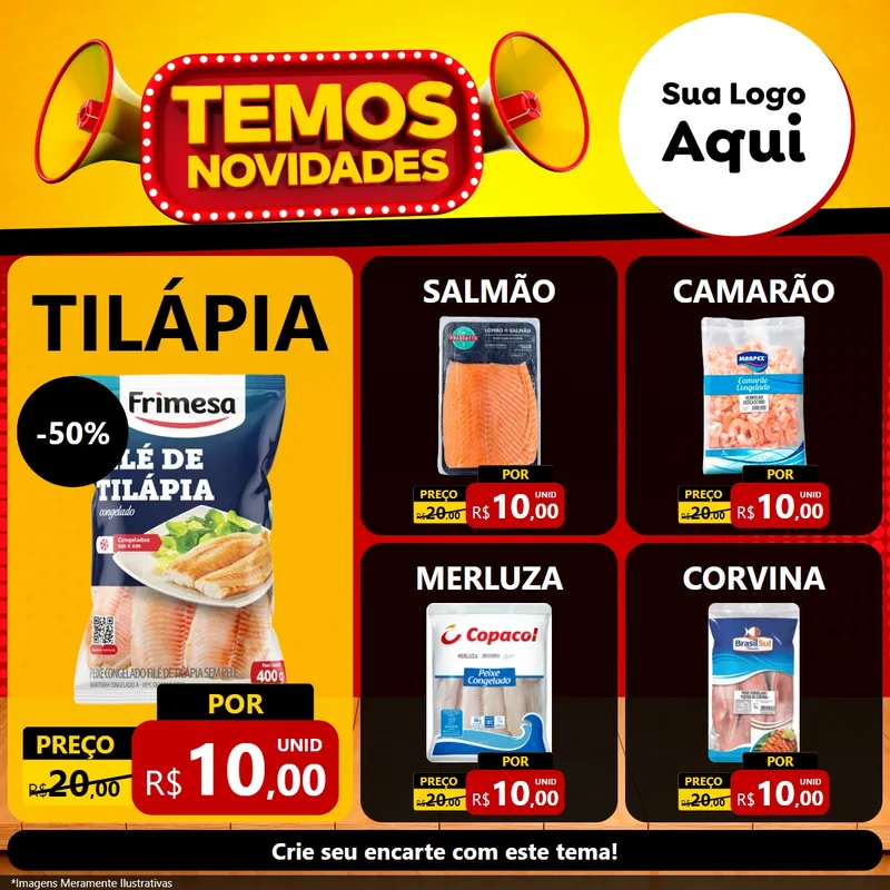 Modelo de Rede Social para Feed Facebook com o tema Temos Novidades para Peixaria