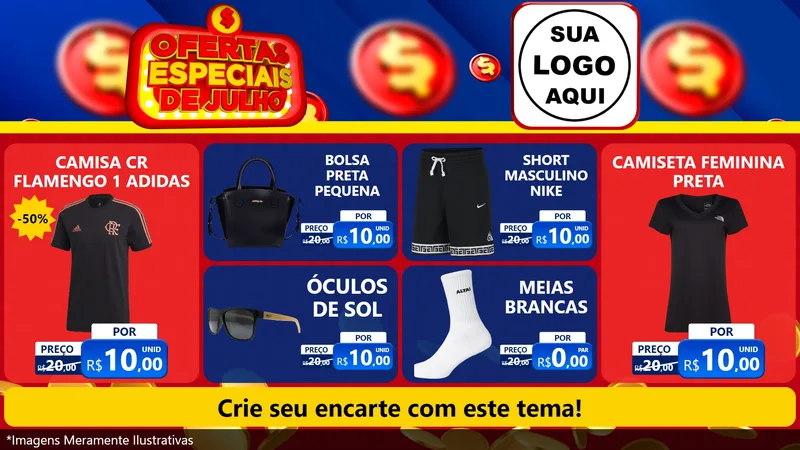 Modelo de TV para TV Horizontal com o tema Ofertas Especiais de Julho para Roupas e acessórios