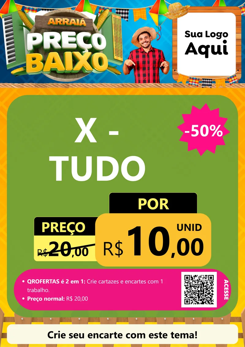 Modelo de Cartaz para Cartaz A4 Vertical com o tema Arraiá de Preço Baixo - Junina para Hamburgueria