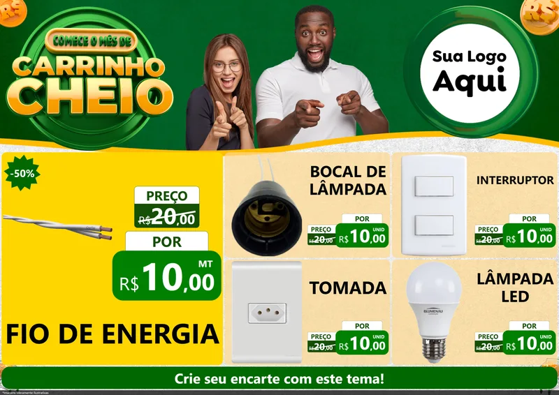 Modelo de Encarte para Encarte A4 Horizontal com o tema Carrinho Cheio para Materiais Elétricos
