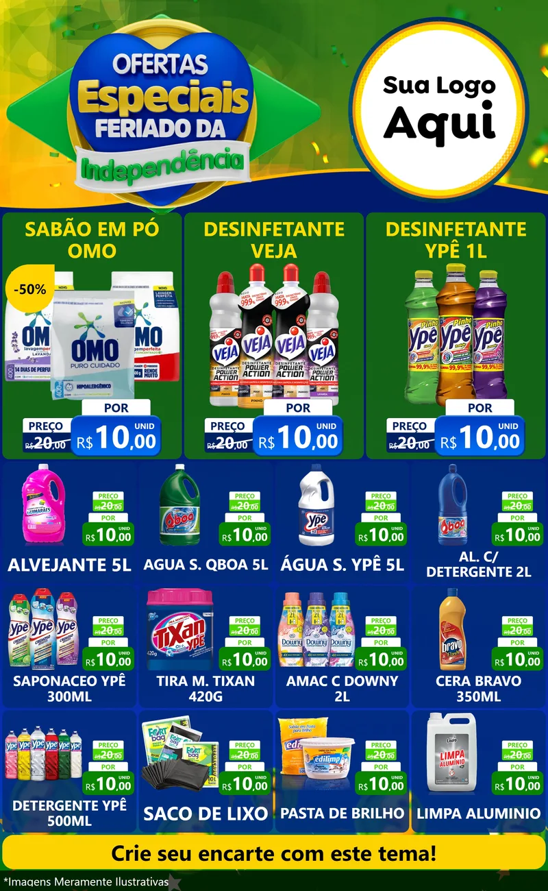 Modelo de Encarte para Encarte Grande com o tema Ofertas Especiais Feriado da Independência para Produtos de Limpeza