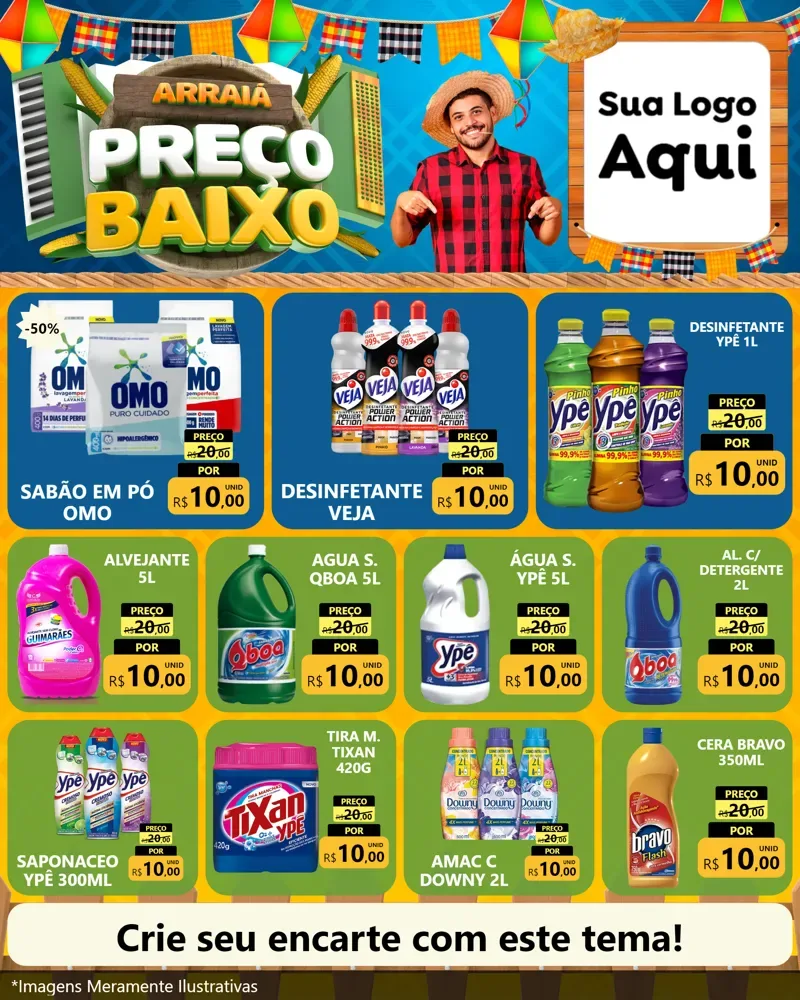 Modelo de Rede Social para Feed Instagram com o tema Arraiá de Preço Baixo - Junina para Produtos de Limpeza