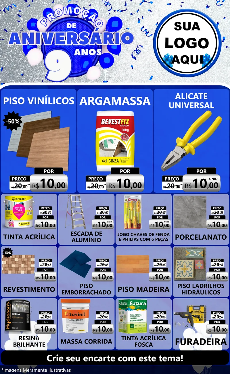Modelo de Encarte para Encarte Grande com o tema Promoção de Aniversário - 9 Anos para Material para Construção