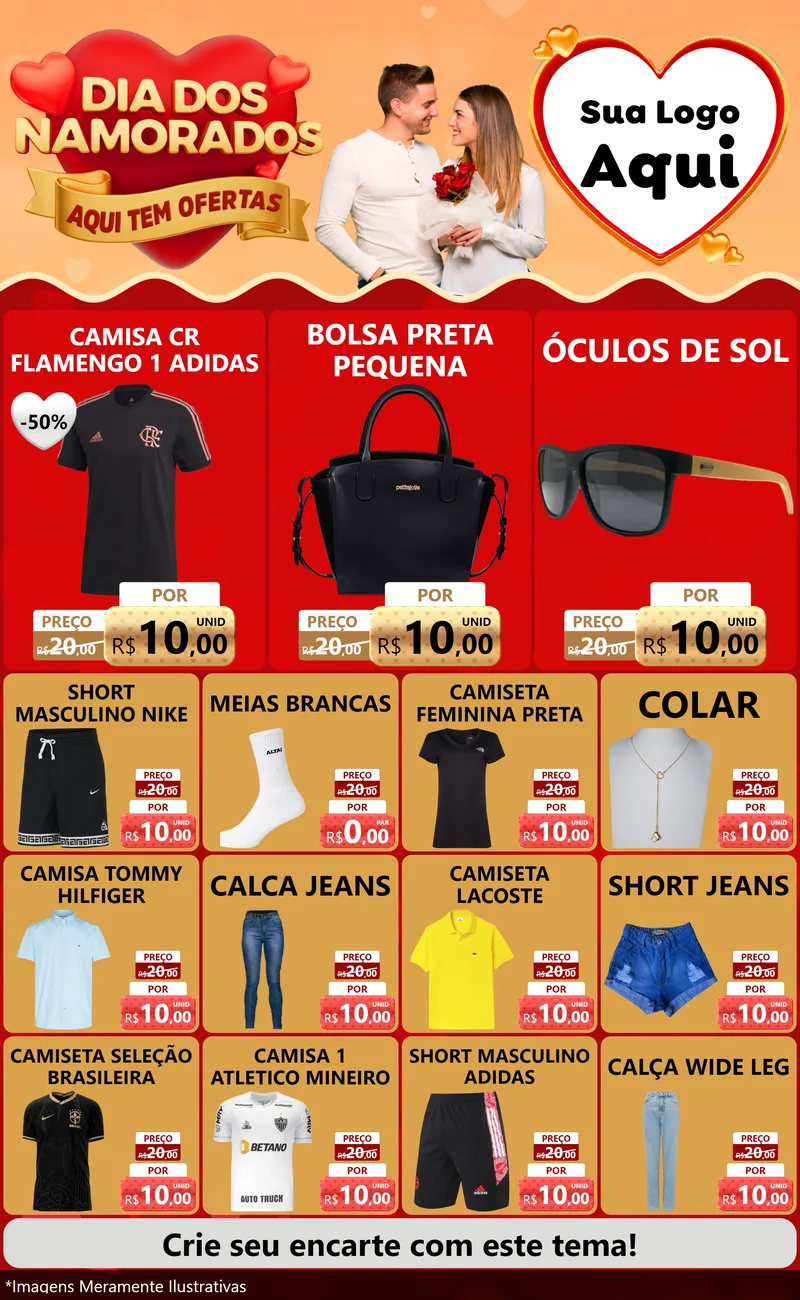 Modelo de Encarte para Encarte Grande com o tema Dia dos Namorados - Aqui Tem Ofertas para Roupas e acessórios