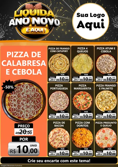 Modelo de Encarte para Encarte A4 Vertical com o tema Liquida Ano Novo É Aqui! para Pizzaria
