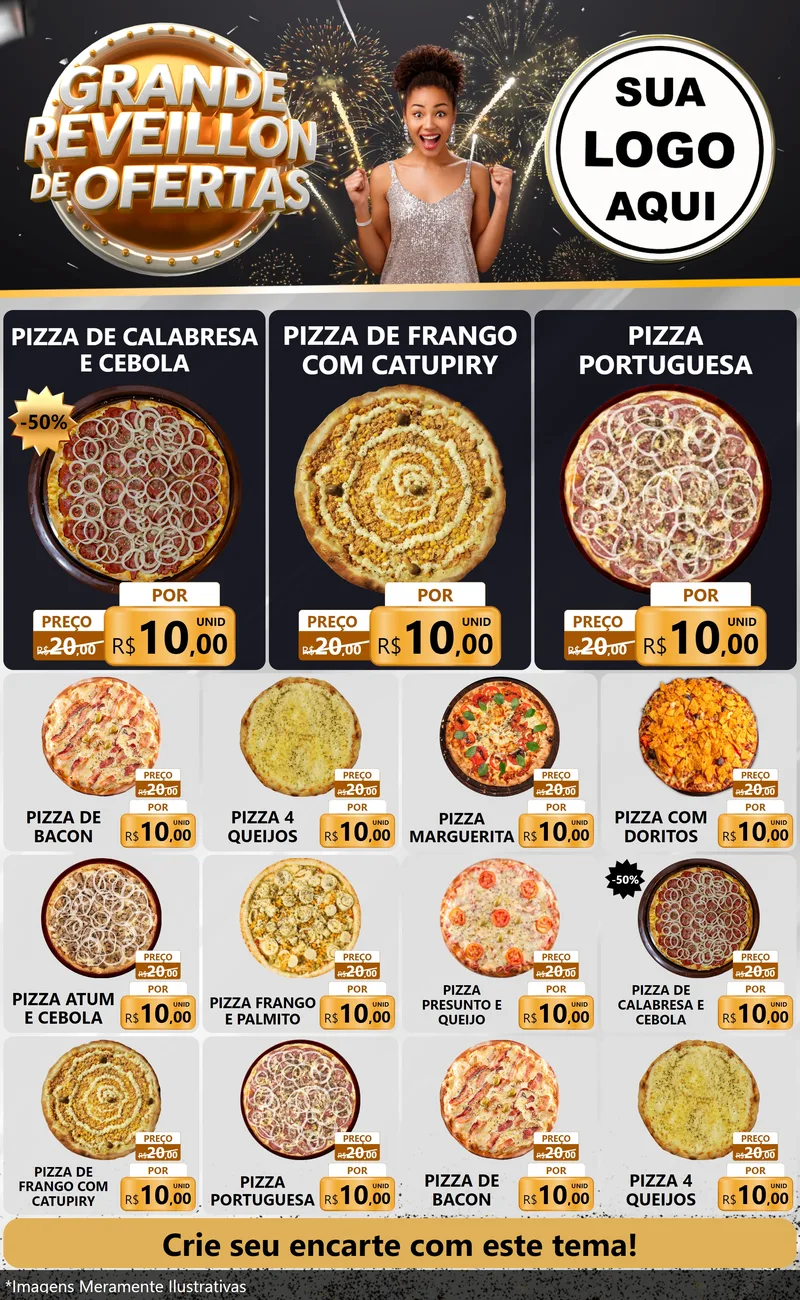 Modelo de Encarte para Encarte Grande com o tema Grande Réveillon de Ofertas para Pizzaria