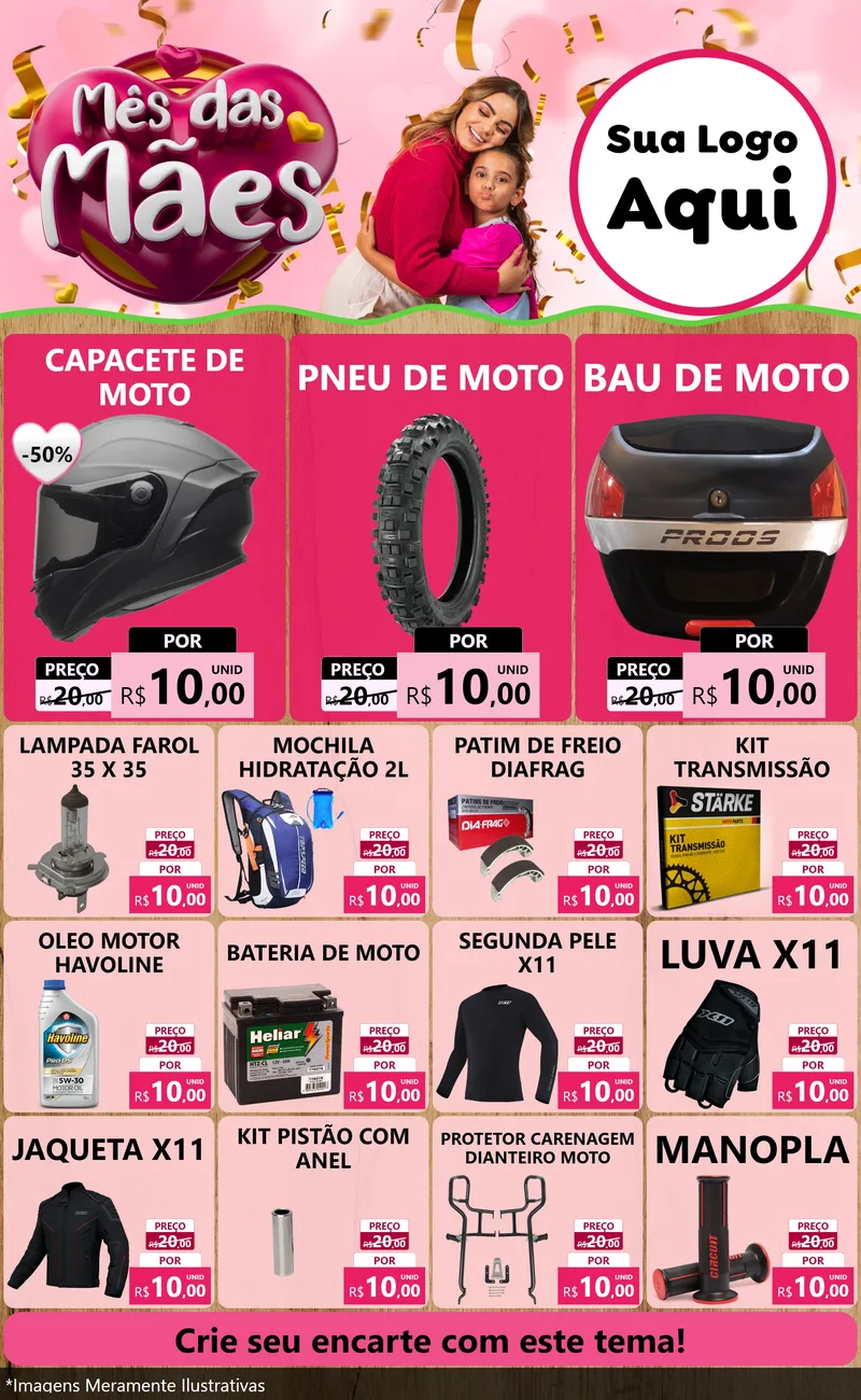 Modelo de Encarte para Encarte Grande com o tema Mês das Mães para Moto peças