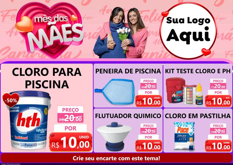 Modelo de Encarte para Encarte A4 Horizontal com o tema Mês Das Mães para Produtos para Piscina