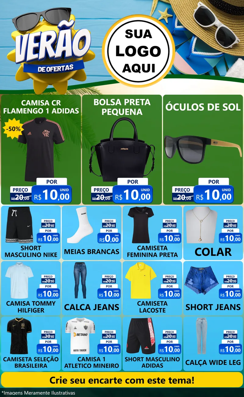 Modelo de Encarte para Encarte Grande com o tema Verão de Ofertas para Roupas e acessórios
